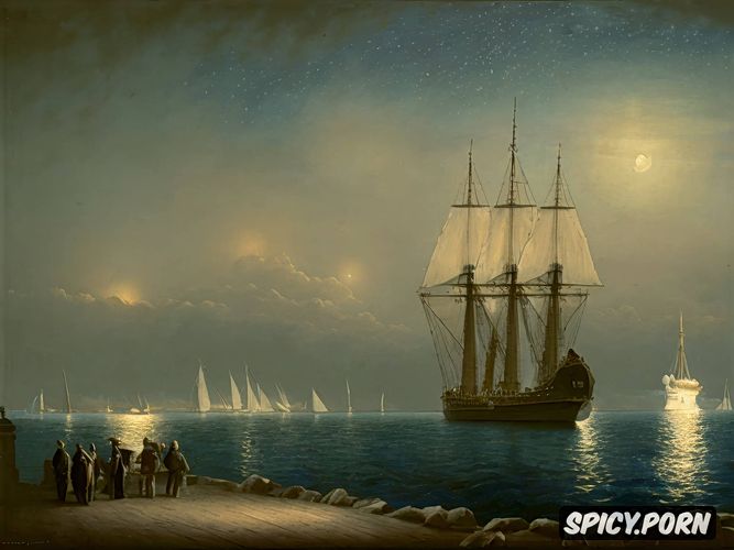 aivazovsky oil painting, sea, night sky and stars, freegate