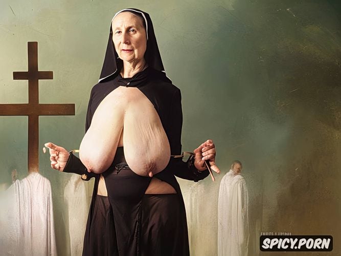 70 years, topless, religious necklace, nun, saggy tits, looking at viewer
