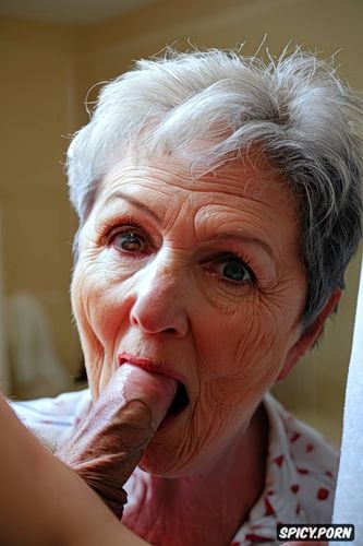 terrified granny model face, age sixtyfive, huge thick veiny white dick