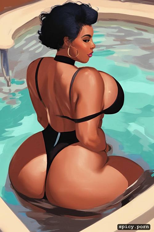 50 years, black woman, chubby body, gorgeous face, bathing, centered