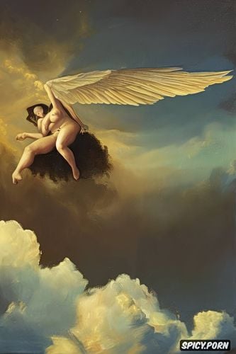 henri gervex, angel flying in the sky, flat breast full body shot