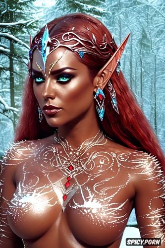 k shot on canon dslr, ultra detailed portrait, masterpiece, high elf queen elder scrolls beautiful face dark red skin tone short spikey red hair tattoos royal elven winter armor tiara topless tits out snowy forest milf