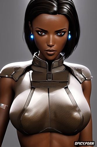 masterpiece, ultra detailed, commander shepard mass effect beautiful face dark ebony skin short close cropped black hair soft brown eyes medium round perky natural breasts tight military officer uniform