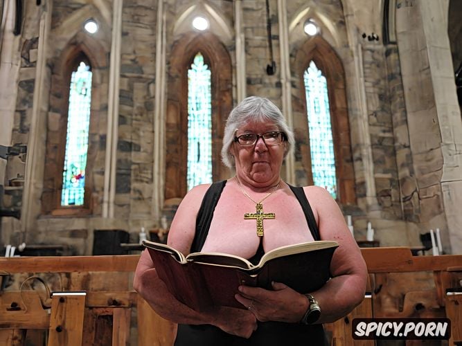 full nude body, bbw, hanging saggy breasts, big, church, saggy oversized belly