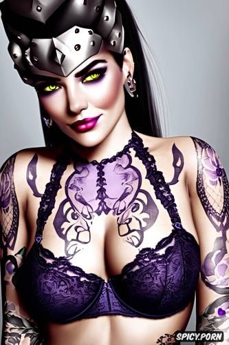 high resolution, ultra detailed, ultra realistic, widowmaker overwatch beautiful face young slutty low cut purple lace lingerie tattoos masterpiece