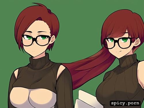 short redhair woman 18 years old green turtleneck round glasses cute