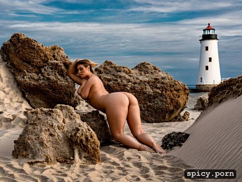 female, sand, berbock, beach, lighthouse, curvy, chubby