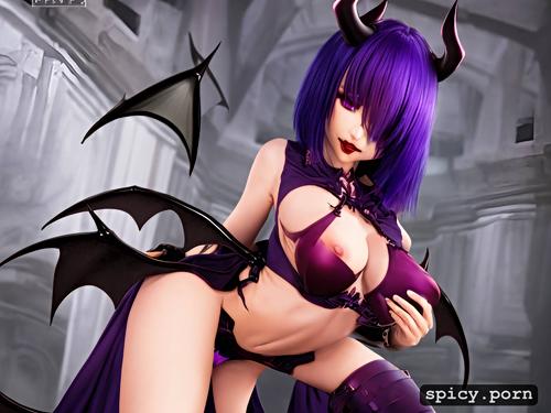 black demonic tail, slim, 18 yo, short, purple hair, short horns