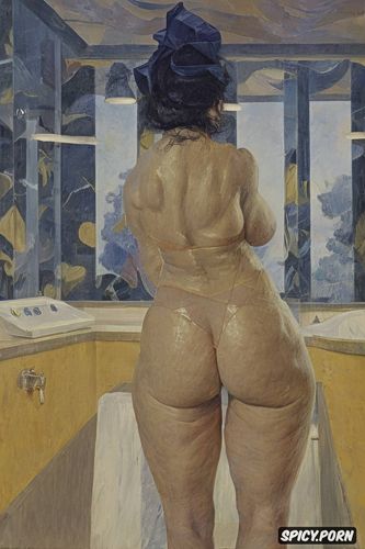 georges seurat, fat thighs, blushing woman with red lips and flushed cheeks in shady bathroom bathing intimate tender modern post impressionist fauves erotic art