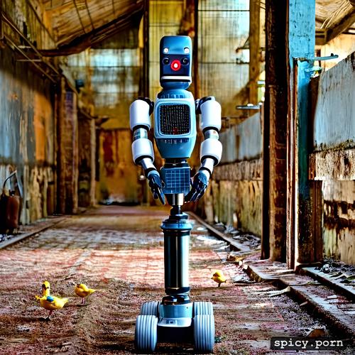 ridiculous robot in abandonned factory with ducks