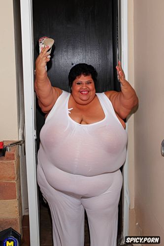 small boobs, a photo of a short ssbbw hispanic granny standing up in the badroom