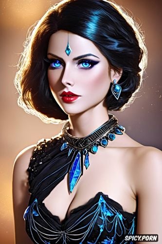 masterpiece, k shot on canon dslr, elizabeth bioshock infinite beautiful face pale skin blue eyes short black hair low cut strapless black evening gown elegant diamond necklace beautiful face full lips high cheek bones young