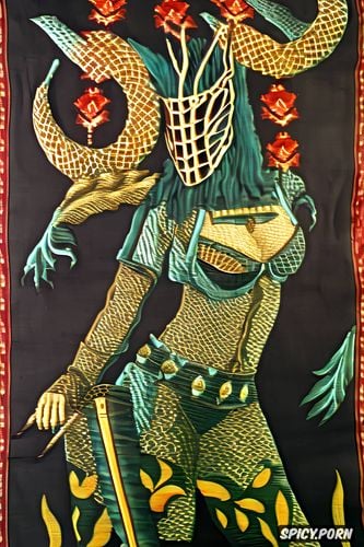 white mask, medieval textile art, knight, princess demon, fish scales