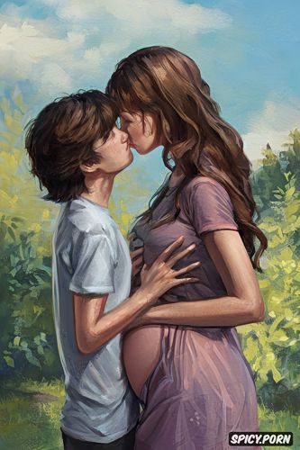 create an image of a pregnant year old woman being encouraged by her little brother