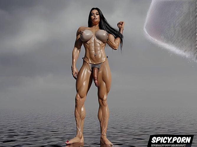 long black hair, flashes, very long feet, huge very muscular arms
