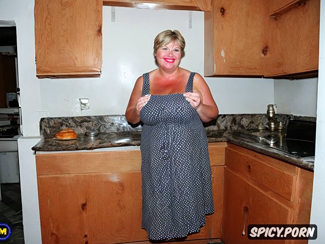 small short nose, fat cute face, in east european modest old worn down small 1950s kitchen with people in background