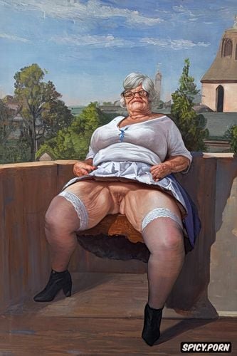 you can see a chubby pussy, an old fat grandmother in the church lifted up her skirt