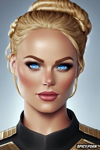 elara dorne star wars the old republic beautiful face pale skin golden blonde hair in a high bun soft blue eyes tight military officer uniform