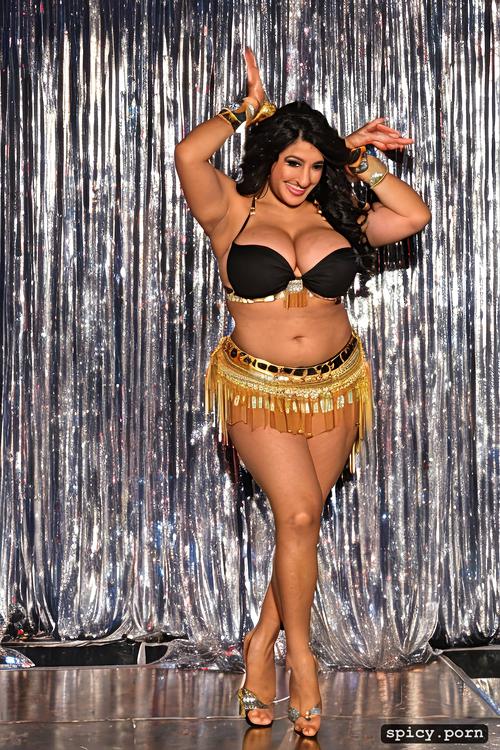 color photo, 34 yo beautiful thick american bellydancer, huge hanging boobs