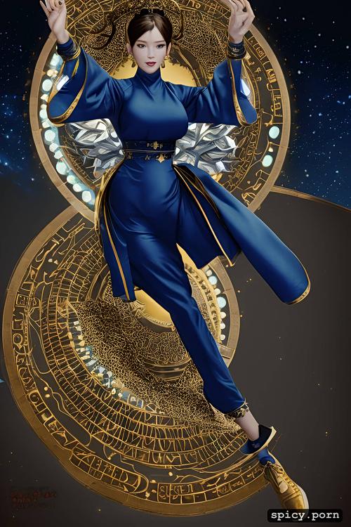 dark blue and gold dress, shaolin kung fu, title headline, muscular
