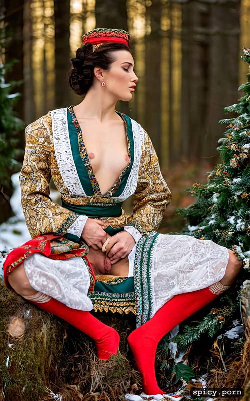 cumming, legs spread, pussy being fingered, dressed in traditional slavic folk clothes national costume