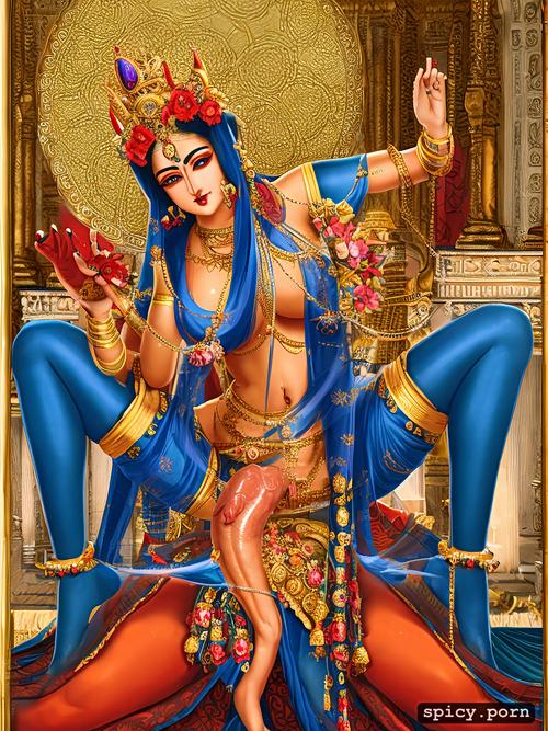midjourney diffusion, crown on head, 4 arm, style 3d realistic beautiful hindu goddess devi kali devi