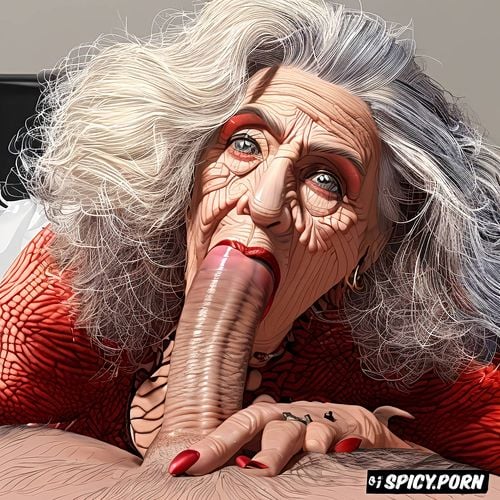 sucking huge penis, naked, closeup view, white hair, 90 years old