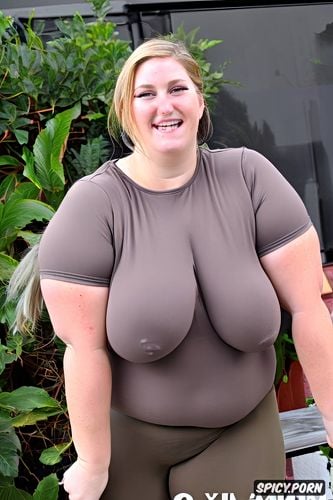 big tits, realistic anatomy, thick thighs, happy white woman