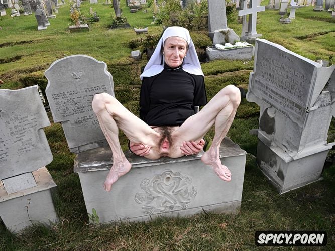 ass fucking, pale, cemetery, spreading legs, wearing a black habit