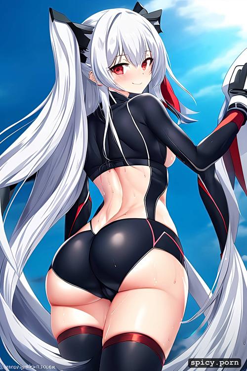 athletic, white hair colour, smiling, ass held into the camera