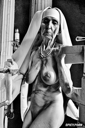 fingers in pussy, ribs showing, pierced nipples, cathedral, nun