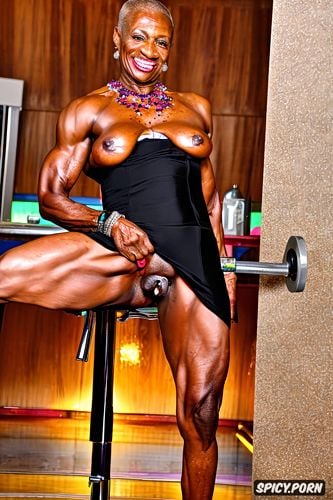 black granny bodybuilder, tall, saggy tits, seductive look, wearing dress