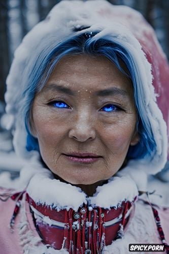 closeup, pov, face photo 90 year old mongolian woman with round facial features and high cheekbones