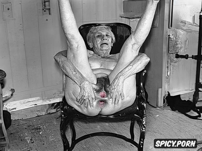 indoors, scrawny, chair, super old granny, bony, spreading hairy pussy