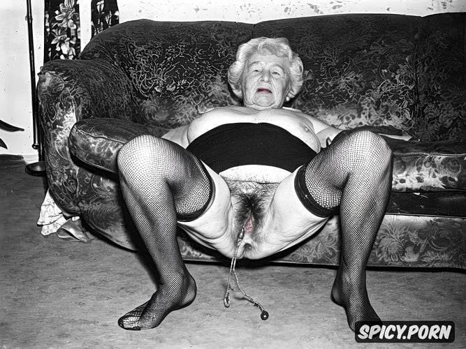 pale skin, fat cellulite legs, squatting on sofa, 88 year old