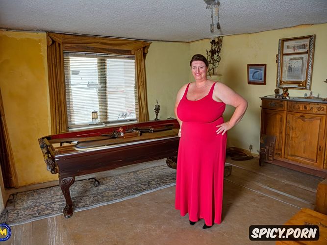 small nose, large aerolas, huge very saggy floppy tits, standing in old livingroom indoors
