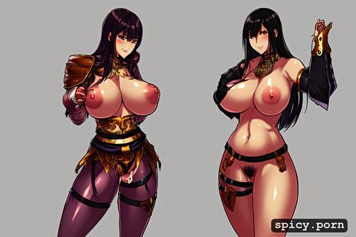 black hair, holy knight, naked clen pussy, leather breast armor