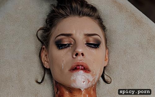 cum dripping from mouth1 2, restrained body1 1, model face, make up tears