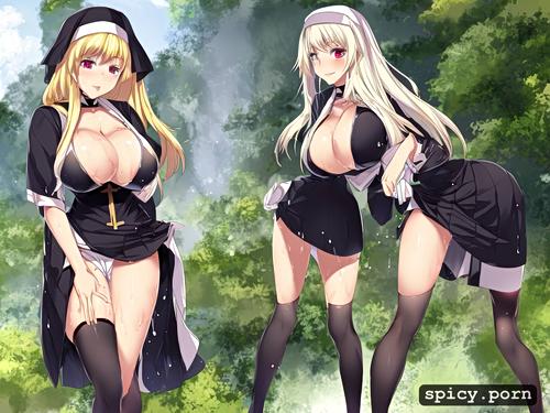 blonde hair, tight nun outfit with short skirt, correct female anatomy