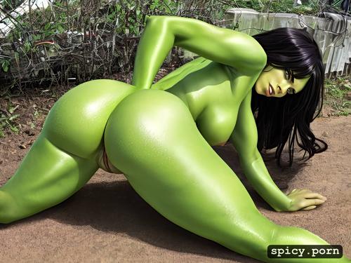 she hulk, looking back over shoulder, realistic skin, in bright sunlight