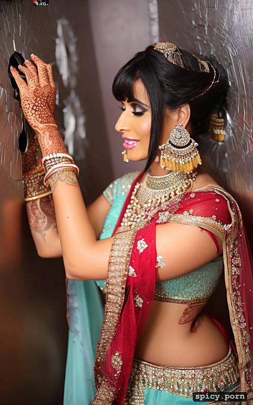sexy indian bride with short dark hair, and bangs standing in gloryhole where every man start throwing cum on the bride face