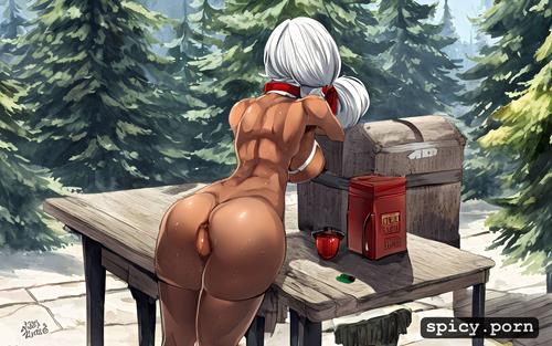 view on her back, tied on, white hair, neck choker, pony tail