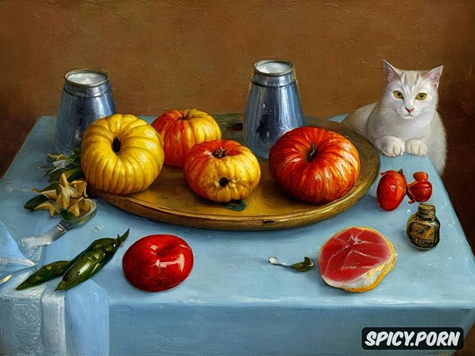 tuna in oil, garlic on a old wooden table, cats, the image shows a still life stilllife