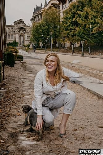 standing above a hungry street dog and wetting it, hires k, pissing peeing urinating the last parts of her laceratedly hanging round her body clothes