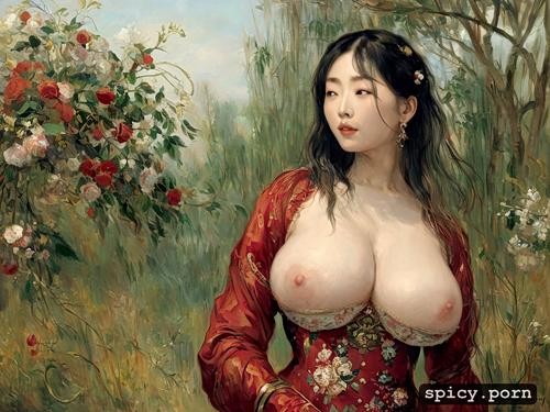 art by da zhong zhang, hair braid, korean woman, thick body