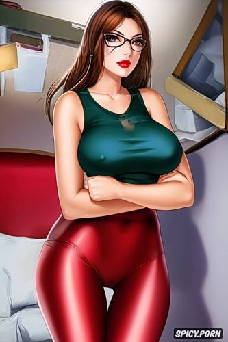 cameltoe, storage room, red lipstick, gorgeous face, wavy shoulder long hair