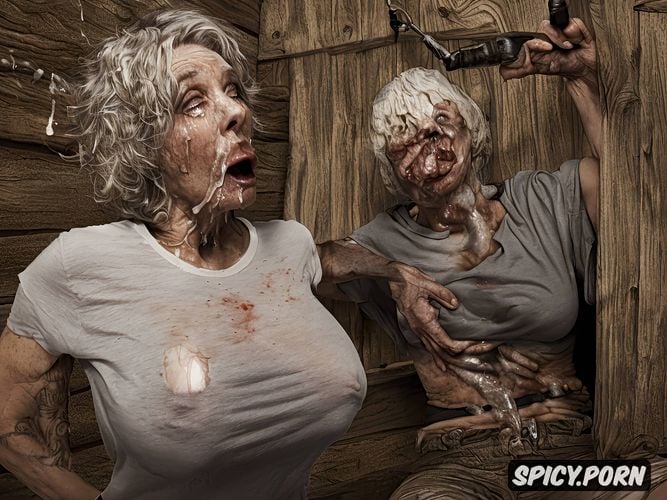 scared model face, terrified cute mothers camp counselor attacked by jason in a barn