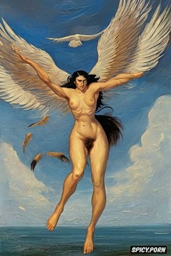 henri gervex, angel flying in the sky, flat breast full body shot