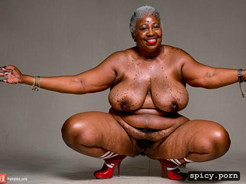 squatting, red nails, female, smile, hanging boobs, wrinkly