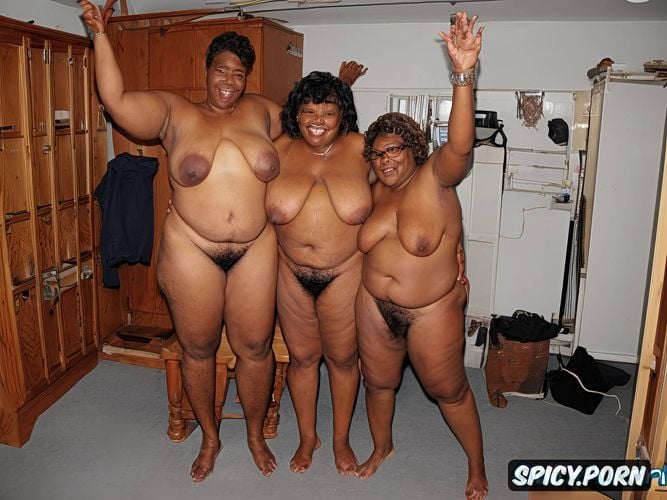 group of ebony bbw grannies, full nude body, hirsute female